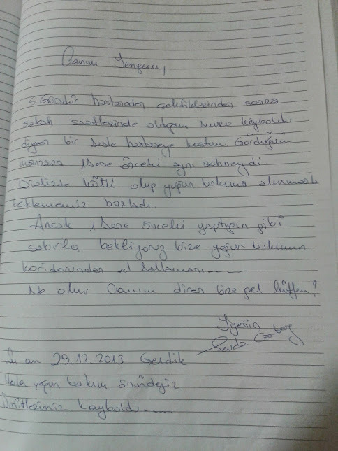Hastane anı defterinden el yazısı bir sayfanın fotoğrafı